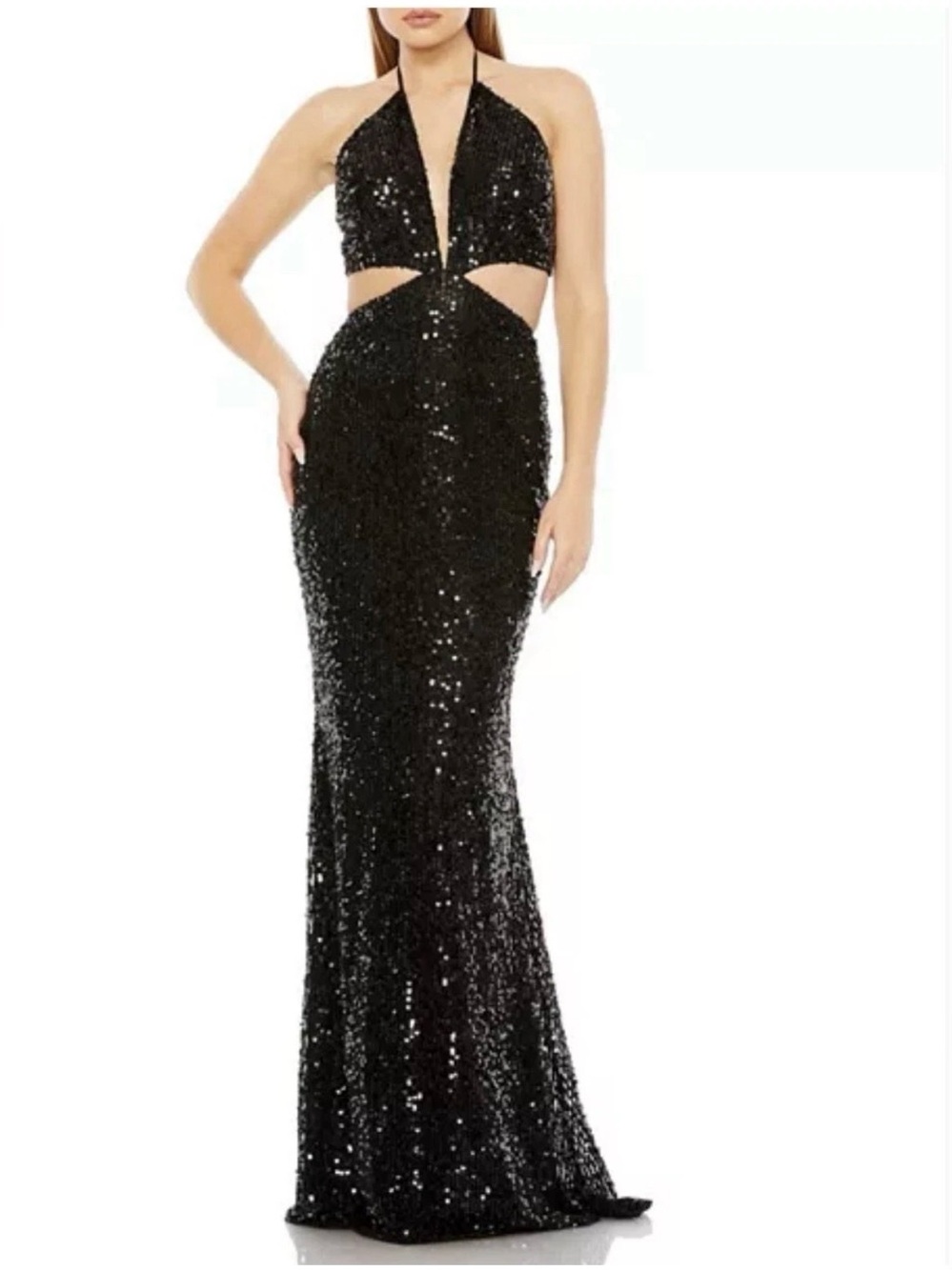 Mac Duggal Cut Out Halter Tie Back Sequin Gown Size 8 BNWT. Style 93977